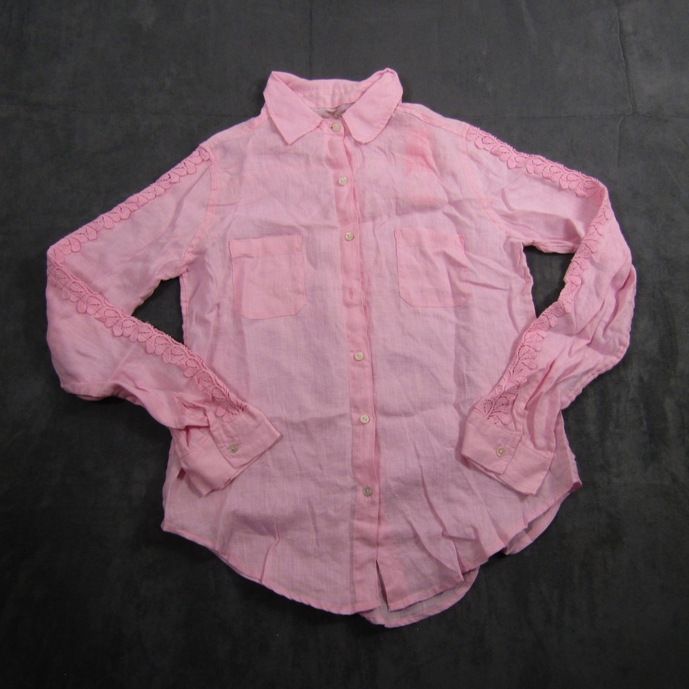 Lilly Pulitzer Sea View Button Down Women XS Pink Linen Lace Sleeve 001017
